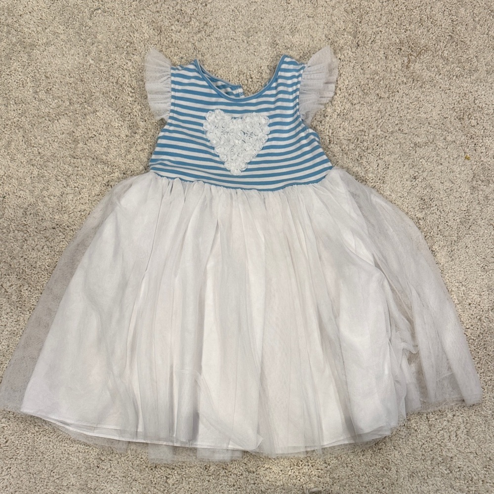 Pippa & Julie Blue and White Striped Kids Dress with Heart Design sz 6X